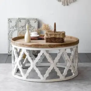 طاولة قهوة جانبية مستديرة من الخشب الصلب العتيق