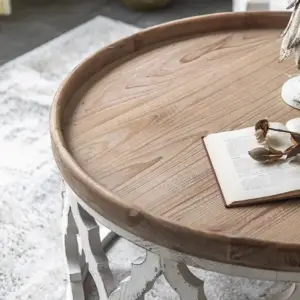 طاولة قهوة جانبية مستديرة من الخشب الصلب العتيق